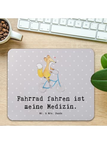 Mr. & Mrs. Panda Mauspad Fuchs Fahrrad fahren mit Spruch in Grau Pastell