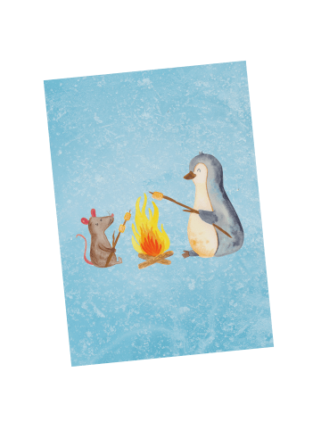 Mr. & Mrs. Panda Postkarte Pinguin Lagerfeuer ohne Spruch in Eisblau