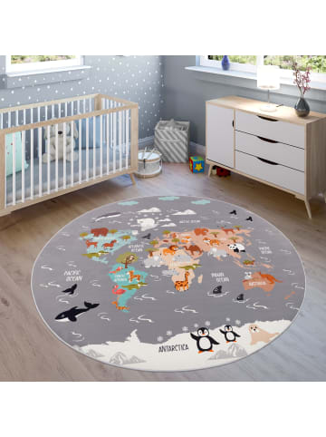 KADIMA DESIGN Kinderteppich waschmaschinenwaschbar Tier‑Weltkarten‑Muster in Grau