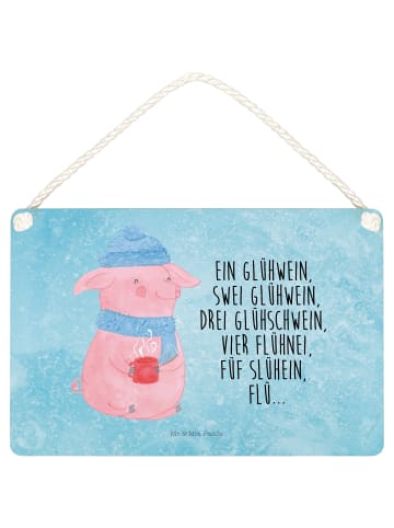 Mr. & Mrs. Panda Holzschild Schweinchen Glühwein mit Spruch in Eisblau