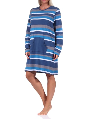 NORMANN Kuschel interlock Nachthemd Streifen und aufgesetzter Tasche - 69908 in blau