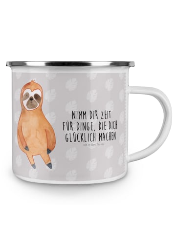 Mr. & Mrs. Panda Emaille Tasse Faultier Zufrieden mit Spruch in Grau Pastell