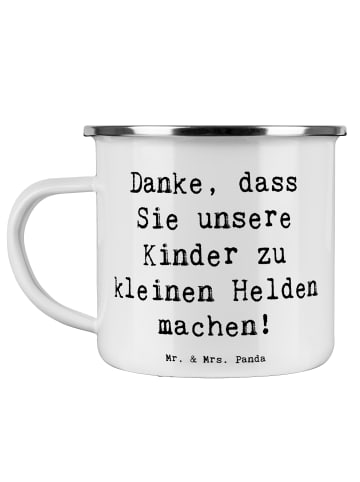 Mr. & Mrs. Panda Tasse Emaille Spruch Erzieher Heldenmacher mit ... in Weiß
