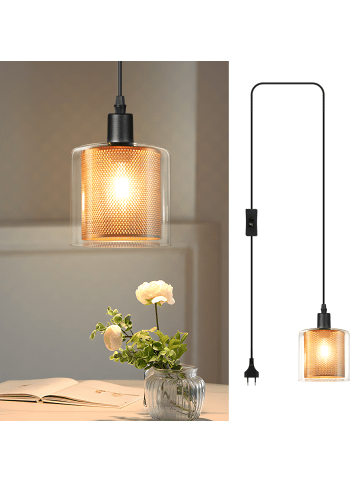 ZMH Pendelleuchte 1-flammige E14 in Schwarzgold vintage mit Stecker Glas und Metall