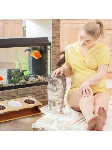 relaxdays Katzen Futterstation in Natur/ Weiß - (B)51 x (H)13,5 x (T)17,5 cm