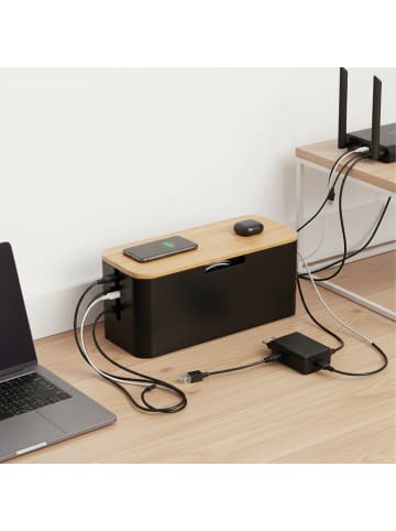 relaxdays Kabelbox in Natur/ Schwarz - (B)34 x (H)14,5 x (T)13,5 cm