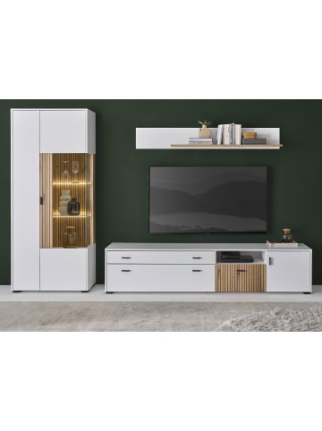 Furn.Design Wohnwand 3-teilig weiß matt, Eiche 285 cm, Wohnkombination mit Soft-Close
