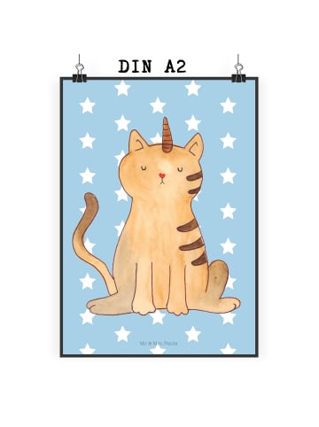 Mr. & Mrs. Panda Poster Einhorn Katze ohne Spruch in Blau Pastell