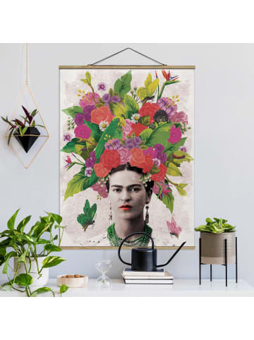 WALLART Stoffbild mit Posterleisten - Frida Kahlo - Blumenportrait in Rot