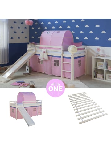 Homestyle4u Hochbett 90x200 mit Vorhang, Lattenrost, Rutsche und Tunnel in Weiß