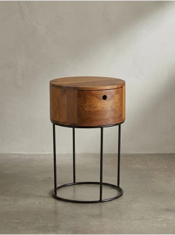 KADIMA DESIGN Nachttisch Rund Holz Stauraum Schublade Industrial, Beistelltisch in Braun