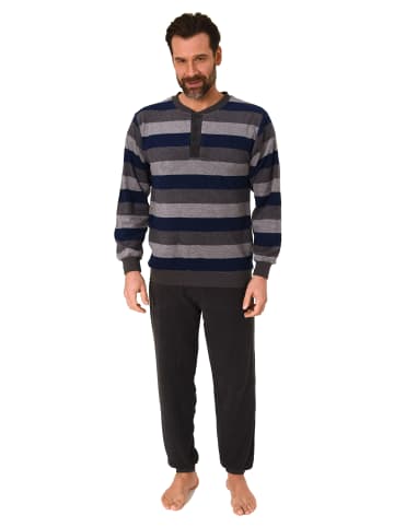 NORMANN Frottee Schlafanzug Bündchen Blockstreifen - 81349 in blau