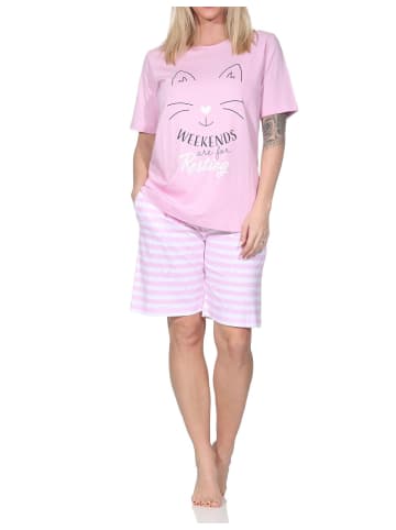 NORMANN Kurzarm Schlafanzug Shorty Pyjama Katzen Optik Übergröße 125 205 380 in rosa