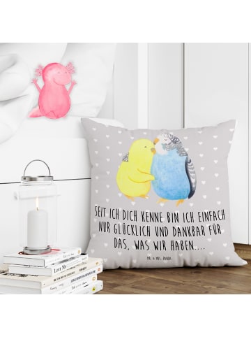 Mr. & Mrs. Panda Kissen 40x40 Wellensittich Liebe mit Spruch in Grau Pastell