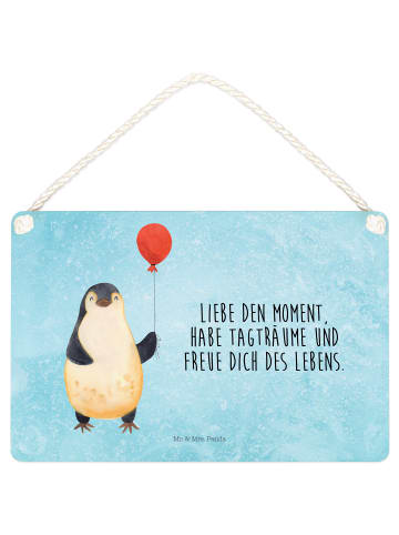 Mr. & Mrs. Panda Wandbild Holz Pinguin Luftballon mit Spruch in Eisblau