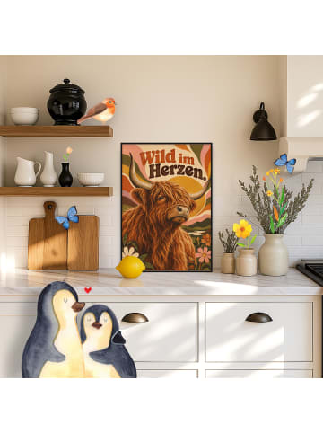 Mr. & Mrs. Panda Plakat Hochlandrind farbenfroh Design mit Spruch in Weiß