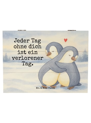 Mr. & Mrs. Panda Holzkiste Pinguine Kuscheln Design mit Spruch in Weiß