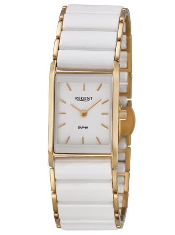 Regent Damen-Armbanduhr Edelstahl Vergoldet/Keramik Weiß