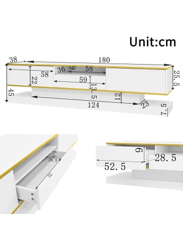 ABRIHOME Weißer LED TV-Schrank mit 3 Schubladen und offenem Fach
