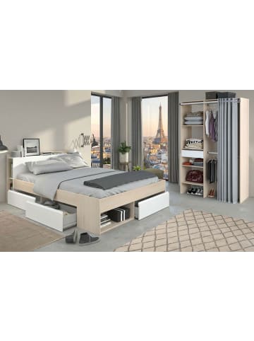 Parisot Schlafzimmer in Akazie, weiß, Komplettset mit Stauraumbett und Kleiderschrank