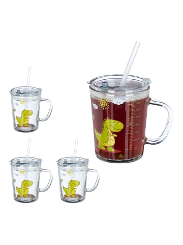 relaxdays 4 x Kindertrinkglas "Dino" in Transparent - 400 ml