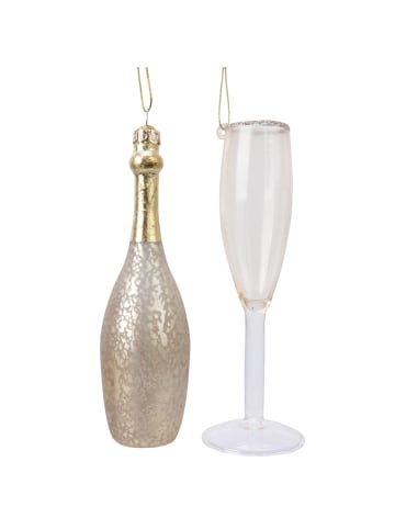 MARELIDA 2er Set Weihnachtsbaumschmuck CHAMPAGNER Flasche und Glas in gold