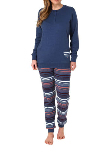 NORMANN Pyjama Bündchen und gestreifter Hose - 69179 in blau-melange