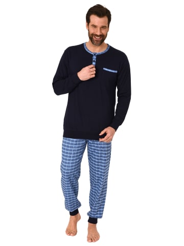 NORMANN Pyjama Schlafanzug Bündchen und karierter Jersey Hose in marine