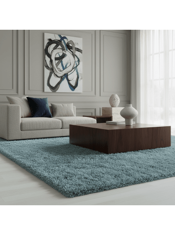 KADIMA DESIGN Teppich Hochflor Shaggy Waschbar Einfarbig SALZACH Strapazierfähig in Blau