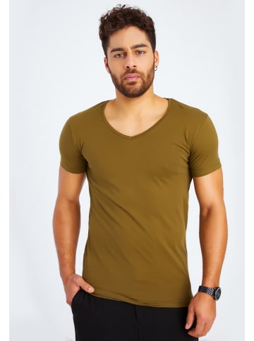 Leif Nelson Herren T-Shirt V-Ausschnitt Herren T-Shirt V-Ausschnitt LN-6372 in khaki