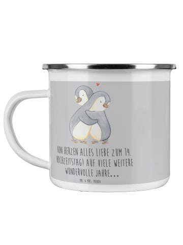 Mr. & Mrs. Panda Camping Emaille Tasse 14. Hochzeitstag Elfenbei... in Heather Grey