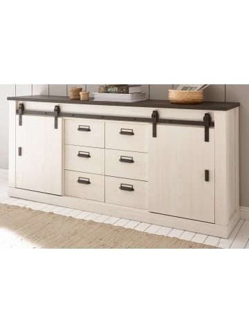 Furn.Design Sideboard weiß Pinie, anthrazit Landhaus, Kommode 201 cm