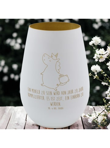 Mr. & Mrs. Panda Glas Windlicht Einhorn Koffer mit Spruch in Weiß