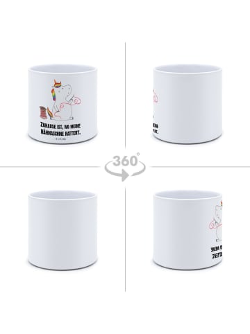 Mr. & Mrs. Panda Blumentopf Einhorn Näherin mit Spruch in Weiß