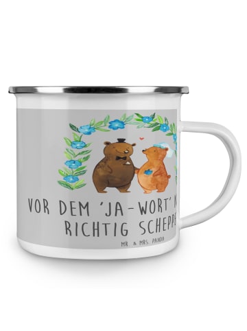 Mr. & Mrs. Panda Camping Emaille Tasse Polterabend Spaß mit Spruch in Heather Grey