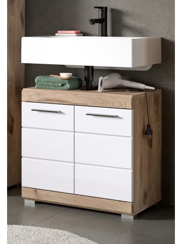 Inn.Furn Waschbeckenunterschrank weiß Hochglanz, Eiche 60 cm, 2-türig