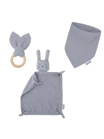Räuberella Baby Geschenkset Schmusetuch Hase, Holz-Beißring & Halstuch in Grau-Blau
