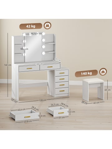 HOMCOM Schminktisch mit Hocker in Weiß 120L x 40B x 140H cm