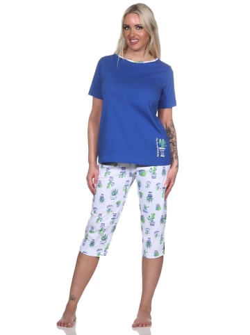 NORMANN Kurzarm Schlafanzug Kaktus Caprihose allover - 78893 in blau