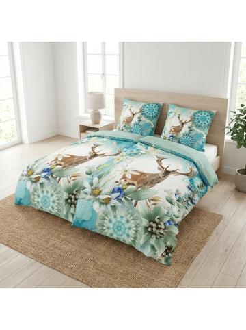 Traumschloss Satin Bettwäsche - Xela - Mandalas mit Hirsch, grün, blau in blau