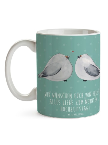Mr. & Mrs. Panda Becher 9. Hochzeitstag Keramikhochzeit mit Spruch in Meeresbrise