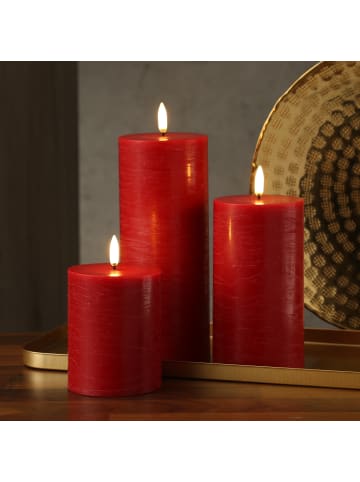 Uyuni 3er Set LED Kerzen PIA Rustik-Optik 3 Höhen mit Batterien und Fernb in rot