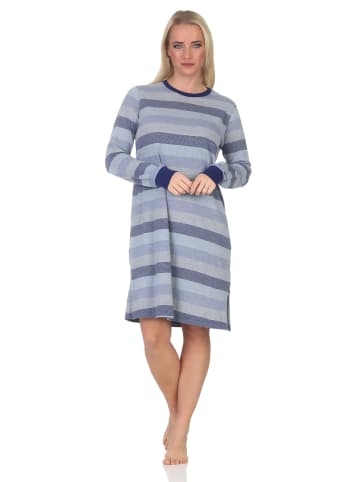 NORMANN Frottee Nachthemd langarm Bündchen Streifenoptik - 87635 in blau