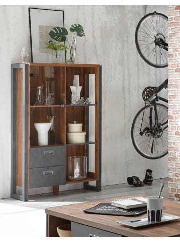 Furn.Design Highboard Eiche Stirling, Matera grau, Vitrine 90 x 140 cm