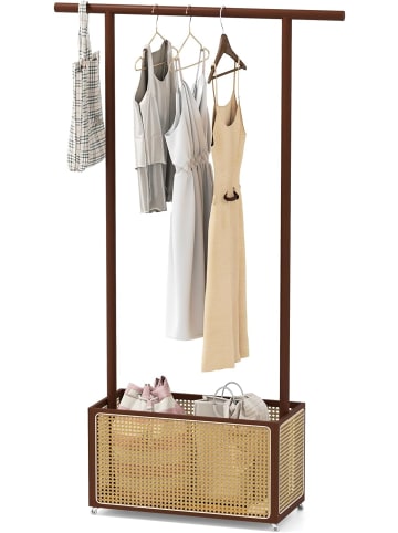 COSTWAY Garderobenständer mit PE-Rattan Aufbewahrungskorb & Rollen in Braun