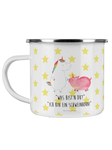Mr. & Mrs. Panda Emaille Tasse Einhorn Schwein mit Spruch in Weiß