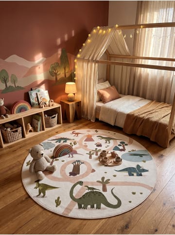 KADIMA DESIGN Kinderteppich Dinosaurier Waschbar Rutschfest Spielteppich in Creme