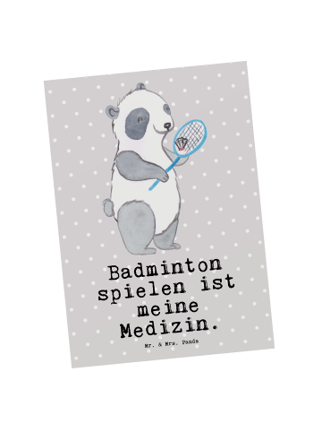 Mr. & Mrs. Panda Ansichtskarte Panda Badminton mit Spruch in Grau Pastell