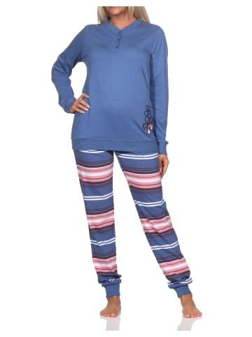 NORMANN Pyjama lang Bündchen und gestreifter Hose - 81604 in blau