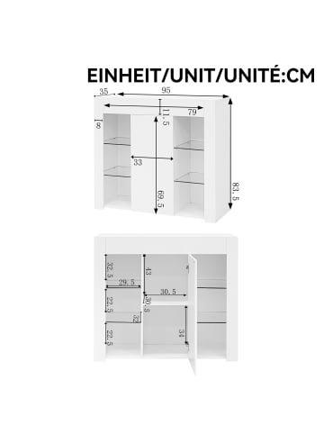 ABRIHOME Küchenschrank Buffet mit Glasregalen und Schranktür 95x35x83 cm Weiß